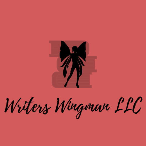 Writers Wingman LLC Logo Fairy silhouette standing in front of three stacked books.