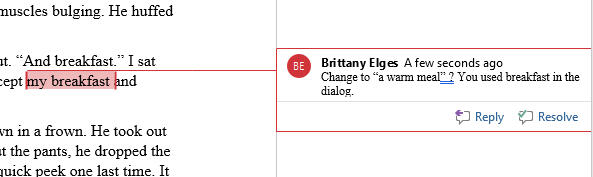 Develepmental Edits Clip of google docs with editing for an authors work.